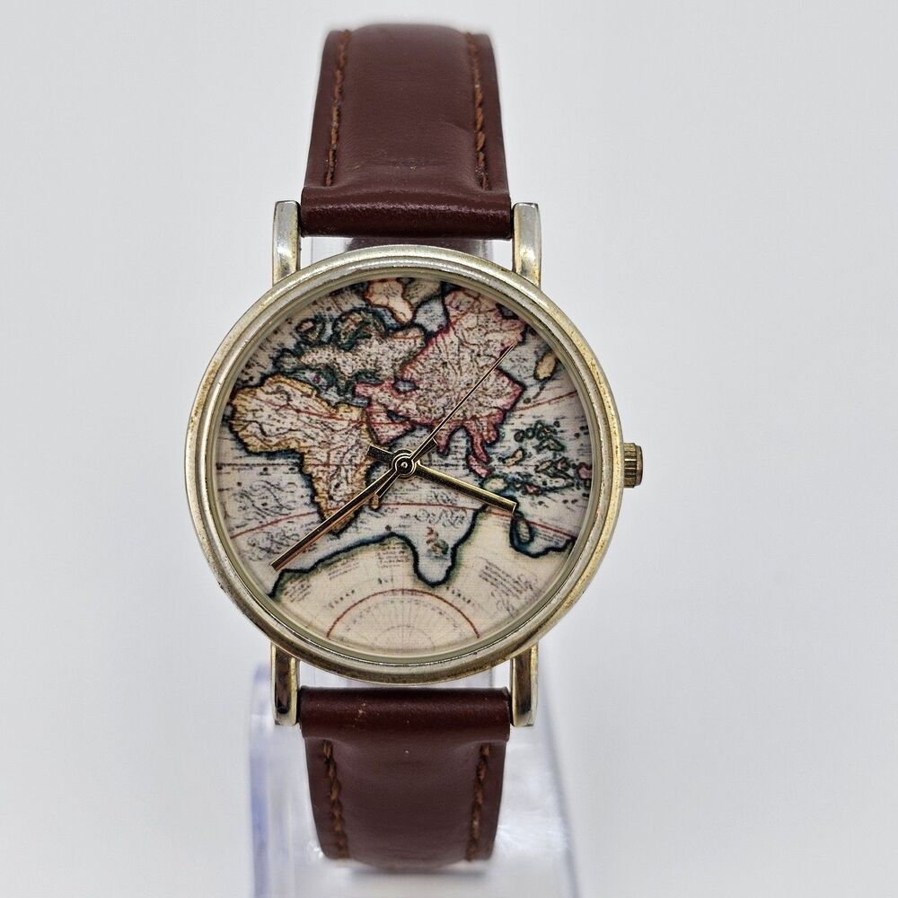Women's World Map Watch Africa Europe‎ Asia 34MM Brown Leather Bands New Battery